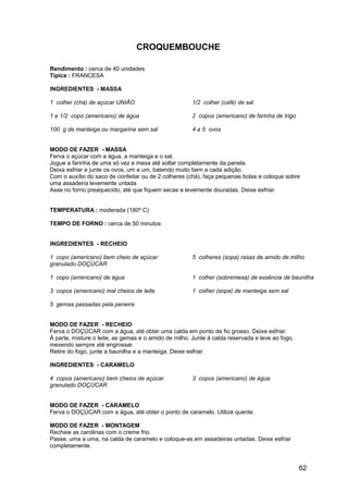 CROQUEMBOUCHE

Rendimento : cerca de 40 unidades
Típica : FRANCESA

INGREDIENTES - MASSA

1 colher (chá) de açúcar UNIÃO                        1/2 colher (café) de sal

1 e 1/2 copo (americano) de água                      2 copos (americano) de farinha de trigo

100 g de manteiga ou margarina sem sal                4 a 5 ovos


MODO DE FAZER - MASSA
Ferva o açúcar com a água, a manteiga e o sal.
Jogue a farinha de uma só vez e mexa até soltar completamente da panela.
Deixa esfriar e junte os ovos, um a um, batendo muito bem a cada adição.
Com o auxílio do saco de confeitar ou de 2 colheres (chá), faça pequenas bolas e coloque sobre
uma assadeira levemente untada.
Asse no forno preaquecido, até que fiquem secas e levemente douradas. Deixe esfriar.


TEMPERATURA : moderada (180º C)

TEMPO DE FORNO : cerca de 50 minutos


INGREDIENTES - RECHEIO

1 copo (americano) bem cheio de açúcar                5 colheres (sopa) rasas de amido de milho
granulado DOÇÚCAR

1 copo (americano) de água                            1 colher (sobremesa) de essência de baunilha

3 copos (americano) mal cheios de leite               1 colher (sopa) de manteiga sem sal

5 gemas passadas pela peneira


MODO DE FAZER - RECHEIO
Ferva o DOÇÚCAR com a água, até obter uma calda em ponto de fio grosso. Deixe esfriar.
À parte, misture o leite, as gemas e o amido de milho. Junte à calda reservada e leve ao fogo,
mexendo sempre até engrossar.
Retire do fogo, junte a baunilha e a manteiga. Deixe esfriar.

INGREDIENTES - CARAMELO

4 copos (americano) bem cheios de açúcar              3 copos (americano) de água
granulado DOÇÚCAR


MODO DE FAZER - CARAMELO
Ferva o DOÇÚCAR com a água, até obter o ponto de caramelo. Utilize quente.

MODO DE FAZER - MONTAGEM
Recheie as carolinas com o creme frio.
Passe, uma a uma, na calda de caramelo e coloque-as em assadeiras untadas. Deixe esfriar
completamente.


                                                                                                 62
 