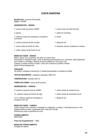 CUCA GAÚCHA

Rendimento : cerca de 20 porções
Típica : ALEMÃ

INGREDIENTES - MASSA

2 xícaras (chá) de açúcar UNIÃO                      1 xícara (chá) mal cheia de leite

4 gemas                                              1 cálice de conhaque

3 colheres (sopa) de manteiga ou margarina           4 claras
amolecida

2 xícaras (chá) de farinha de trigo                  1 pitada de sal

1 xícara (chá) de amido de milho                     6 bananas nanicas cortadas em rodelas

1 colher (sopa) de fermento em pó


MODO DE FAZER - MASSA
Bata o açúcar com as gemas, até obter um creme claro.
Acrescente a manteiga e bata. Junte as farinhas já peneiradas com o fermento, alternadamente
com o leite e o conhaque. Misture as claras batidas em neve com o sal.
Coloque a massa na fôrma untada, cubra com a banana e polvilhe a farofa.
Asse no forno preaquecido.

VARIAÇÃO
Se preferir, substitua a banana por 3 maçãs descascadas e cortadas em fatias.

TIPO DE RECIPIENTE : assadeira retangular (3000 ml)

TEMPERATURA : branda (160º C)

TEMPO DE FORNO : cerca de 50 minutos

INGREDIENTES - FAROFA

6 colheres (sopa) de açúcar UNIÃO                    1 colher (sopa) de canela em pó

10 colheres (sopa) de farinha de trigo               1 colher (sopa) de chocolate em pó

3 a 4 colheres (sopa) de manteiga ou                 1 pitada de sal
margarina sem sal


MODO DE FAZER - FAROFA
Junte o açúcar com a farinha, a manteiga ou margarina, a canela, o chocolate em pó e o sal.
Esfarele entre as mãos, misturando bem, mas sem dar liga.
Distribua por toda a superfície da cuca.

CONGELAMENTO
INDICADO

Prazo de Congelamento : 1 Mês

MODO DE CONGELAMENTO
Congele em aberto.


                                                                                               65
 