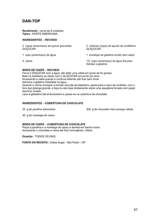 DAN-TOP

Rendimento : cerca de 8 unidades
Típica : NORTE AMERICANA

INGREDIENTES - RECHEIO

2 copos (americano) de açúcar granulado              2 colheres (sopa) de açúcar de confeiteiro
DOÇÚCAR                                              GLAÇÚCAR

1 copo (americano) de água                           1 envelope de gelatina incolor sem sabor

4 claras                                             1/2 copo (americano) de água fria para
                                                     hidratar a gelatina

MODO DE FAZER - RECHEIO
Ferva o DOÇÚCAR com a água, até obter uma calda em ponto de fio grosso.
Bata na batedeira as claras com o GLAÇÚCAR em ponto de neve.
Acrescente a calda quente e continue batendo até ficar bem firme.
Adicione a gelatina hidratada na água.
Quando o creme começar a enrolar nas pás da batedeira, passe para o saco de confeitar, com o
bico tipo pitanga grande, e faça os dan-tops diretamente sobre uma assadeira forrada com papel
alumínio untado.
Leve à geladeira até endurecerem e passe-os na cobertura de chocolate.


INGREDIENTES - COBERTURA DE CHOCOLATE

30 g de parafina alimentícia                         300 g de chocolate meio amargo ralado

40 g de manteiga de cacau


MODO DE FAZER - COBERTURA DE CHOCOLATE
Pique a parafina e a manteiga de cacau e derreta em banho-maria.
Acrescente o chocolate e mexa até ficar homogêneo. Utilize.

Ocasião : TODOS OS DIAS

FONTE DA RECEITA : Celisa Sugai - São Paulo – SP




                                                                                              67
 