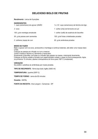 DELICIOSO BOLO DE FRUTAS

Rendimento : cerca de 8 porções

INGREDIENTES
1 copo (americano) de açúcar UNIÃO                      1 e 1/2 copo (americano) de farinha de trigo

3 ovos                                                  1 colher (chá) de fermento em pó

150 g de manteiga amolecida                             1 colher (café) de essência de baunilha

50 g de passas sem sementes                             150 g de frutas cristalizadas picadas

2 colheres (sopa) de rum                                50 g de amêndoas picadas


MODO DE FAZER
Bata o açúcar com os ovos, acrescente a manteiga e continue batendo, até obter uma massa clara
e fofa.
Coloque as passas em infusão no rum e reserve.
Junte à massa a farinha e o fermento e mexa bem.
Acrescente a baunilha, as frutas e a infusão das passas na massa, misturando levemente.
Coloque na fôrma untada e forrada com papel também untado, e asse no forno preaquecido. Após
os primeiros 15 minutos, abaixe a temperatura do forno para 180º C (moderada).

VARIAÇÃO
Se preferir, substitua as amêndoas por nozes picadas.

TIPO DE RECIPIENTE : fôrma tipo bolo inglês (3000 ml)

TEMPERATURA : quente (200º C)

TEMPO DE FORNO : cerca de 65 minutos

Ocasião : NATAL

FONTE DA RECEITA : Ana Langoni - Campinas - SP




                                                                                                  68
 