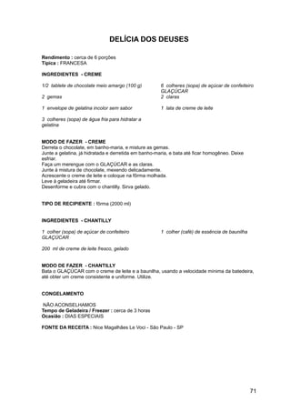 DELÍCIA DOS DEUSES

Rendimento : cerca de 6 porções
Típica : FRANCESA

INGREDIENTES - CREME

1/2 tablete de chocolate meio amargo (100 g)          6 colheres (sopa) de açúcar de confeiteiro
                                                      GLAÇÚCAR
2 gemas                                               2 claras

1 envelope de gelatina incolor sem sabor              1 lata de creme de leite

3 colheres (sopa) de água fria para hidratar a
gelatina


MODO DE FAZER - CREME
Derreta o chocolate, em banho-maria, e misture as gemas.
Junte a gelatina, já hidratada e derretida em banho-maria, e bata até ficar homogêneo. Deixe
esfriar.
Faça um merengue com o GLAÇÚCAR e as claras.
Junte à mistura de chocolate, mexendo delicadamente.
Acrescente o creme de leite e coloque na fôrma molhada.
Leve à geladeira até firmar.
Desenforme e cubra com o chantilly. Sirva gelado.


TIPO DE RECIPIENTE : fôrma (2000 ml)


INGREDIENTES - CHANTILLY

1 colher (sopa) de açúcar de confeiteiro              1 colher (café) de essência de baunilha
GLAÇÚCAR

200 ml de creme de leite fresco, gelado


MODO DE FAZER - CHANTILLY
Bata o GLAÇÚCAR com o creme de leite e a baunilha, usando a velocidade mínima da batedeira,
até obter um creme consistente e uniforme. Utilize.


CONGELAMENTO

 NÃO ACONSELHAMOS
Tempo de Geladeira / Freezer : cerca de 3 horas
Ocasião : DIAS ESPECIAIS

FONTE DA RECEITA : Nice Magalhães Le Voci - São Paulo - SP




                                                                                                71
 