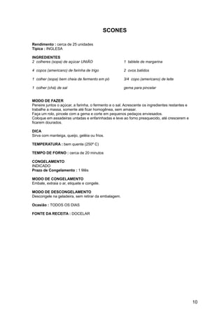 SCONES

Rendimento : cerca de 25 unidades
Típica : INGLESA

INGREDIENTES
2 colheres (sopa) de açúcar UNIÃO                      1 tablete de margarina

4 copos (americano) de farinha de trigo                2 ovos batidos

1 colher (sopa) bem cheia de fermento em pó            3/4 copo (americano) de leite

1 colher (chá) de sal                                  gema para pincelar


MODO DE FAZER
Peneire juntos o açúcar, a farinha, o fermento e o sal. Acrescente os ingredientes restantes e
trabalhe a massa, somente até ficar homogênea, sem amasar.
Faça um rolo, pincele com a gema e corte em pequenos pedaços enviesados.
Coloque em assadeiras untadas e enfarinhadas e leve ao forno preaquecido, até crescerem e
ficarem dourados.

DICA
Sirva com manteiga, queijo, geléia ou frios.

TEMPERATURA : bem quente (250º C)

TEMPO DE FORNO : cerca de 20 minutos

CONGELAMENTO
INDICADO
Prazo de Congelamento : 1 Mês

MODO DE CONGELAMENTO
Embale, extraia o ar, etiquete e congele.

MODO DE DESCONGELAMENTO
Descongele na geladeira, sem retirar da embalagem.

Ocasião : TODOS OS DIAS

FONTE DA RECEITA : DOCELAR




                                                                                                 10
 
