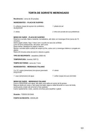 TORTA DE SORVETE MERENGADO

Rendimento : cerca de 20 porções

INGREDIENTES - PLACA DE SUSPIRO

9 colheres (sopa) de açúcar de confeiteiro            1 pitada de sal
GLAÇÚCAR

3 claras                                              2 litros de sorvete de sua preferência


MODO DE FAZER - PLACA DE SUSPIRO
Reserve o sorvete. Bata o restante, na batedeira, até obter um merengue firme (cerca de 15
minutos).
Sobre papel untado, faça 1 disco com o auxílio do saco de confeitar.
Leve ao forno preaquecido, até assar, sem corar.
Deixe esfriar, destaque do papel e reserve.
Monte o sorvete sobre a placa de suspiro já fria, cubra com o merengue italiano e congele em
aberto.
Retire 20 minutos antes de servir e decore a gosto.

TIPO DE RECIPIENTE : assadeira (3000 ml)

TEMPERATURA : branda (100º C)

TEMPO DE FORNO : cerca de 1 hora

INGREDIENTES - MERENGUE ITALIANO

2 e 1/2 copos (americano) de açúcar granulado         4 claras
DOÇÚCAR

1 copo (americano) de água                            1 colher (sopa) de suco de limão


MODO DE FAZER - MERENGUE ITALIANO
Ferva o DOÇÚCAR com água, até obter uma calda em ponto de fio grosso.
Bata as claras em neve e, sem parar de bater, jogue a calda fervente e o suco de limão,
continuando a bater até amornar e ficar pastosa.
Cubra rapidamente o bolo, usando uma faca para espalhar o glacê.


Ocasião : TODOS OS DIAS

FONTE DA RECEITA : DOCELAR




                                                                                               101
 