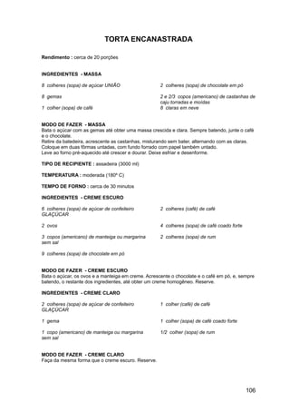 TORTA ENCANASTRADA

Rendimento : cerca de 20 porções


INGREDIENTES - MASSA

8 colheres (sopa) de açúcar UNIÃO                   2 colheres (sopa) de chocolate em pó

8 gemas                                             2 e 2/3 copos (americano) de castanhas de
                                                    caju torradas e moídas
1 colher (sopa) de café                             8 claras em neve


MODO DE FAZER - MASSA
Bata o açúcar com as gemas até obter uma massa crescida e clara. Sempre batendo, junte o café
e o chocolate.
Retire da batedeira, acrescente as castanhas, misturando sem bater, alternando com as claras.
Coloque em duas fôrmas untadas, com fundo forrado com papel também untado.
Leve ao forno pré-aquecido até crescer e dourar. Deixe esfriar e desenforme.

TIPO DE RECIPIENTE : assadeira (3000 ml)

TEMPERATURA : moderada (180º C)

TEMPO DE FORNO : cerca de 30 minutos

INGREDIENTES - CREME ESCURO

6 colheres (sopa) de açúcar de confeiteiro          2 colheres (café) de café
GLAÇÚCAR

2 ovos                                              4 colheres (sopa) de café coado forte

3 copos (americano) de manteiga ou margarina        2 colheres (sopa) de rum
sem sal

9 colheres (sopa) de chocolate em pó


MODO DE FAZER - CREME ESCURO
Bata o açúcar, os ovos e a manteiga em creme. Acrescente o chocolate e o café em pó, e, sempre
batendo, o restante dos ingredientes, até obter um creme homogêneo. Reserve.

INGREDIENTES - CREME CLARO

2 colheres (sopa) de açúcar de confeiteiro          1 colher (café) de café
GLAÇÚCAR

1 gema                                              1 colher (sopa) de café coado forte

1 copo (americano) de manteiga ou margarina         1/2 colher (sopa) de rum
sem sal


MODO DE FAZER - CREME CLARO
Faça da mesma forma que o creme escuro. Reserve.




                                                                                            106
 