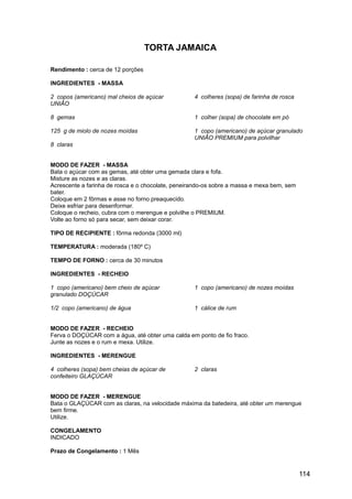 TORTA JAMAICA

Rendimento : cerca de 12 porções

INGREDIENTES - MASSA

2 copos (americano) mal cheios de açúcar           4 colheres (sopa) de farinha de rosca
UNIÃO

8 gemas                                            1 colher (sopa) de chocolate em pó

125 g de miolo de nozes moídas                     1 copo (americano) de açúcar granulado
                                                   UNIÃO PREMIUM para polvilhar
8 claras


MODO DE FAZER - MASSA
Bata o açúcar com as gemas, até obter uma gemada clara e fofa.
Misture as nozes e as claras.
Acrescente a farinha de rosca e o chocolate, peneirando-os sobre a massa e mexa bem, sem
bater.
Coloque em 2 fôrmas e asse no forno preaquecido.
Deixe esfriar para desenformar.
Coloque o recheio, cubra com o merengue e polvilhe o PREMIUM.
Volte ao forno só para secar, sem deixar corar.

TIPO DE RECIPIENTE : fôrma redonda (3000 ml)

TEMPERATURA : moderada (180º C)

TEMPO DE FORNO : cerca de 30 minutos

INGREDIENTES - RECHEIO

1 copo (americano) bem cheio de açúcar             1 copo (americano) de nozes moídas
granulado DOÇÚCAR

1/2 copo (americano) de água                       1 cálice de rum


MODO DE FAZER - RECHEIO
Ferva o DOÇÚCAR com a água, até obter uma calda em ponto de fio fraco.
Junte as nozes e o rum e mexa. Utilize.

INGREDIENTES - MERENGUE

4 colheres (sopa) bem cheias de açúcar de          2 claras
confeiteiro GLAÇÚCAR


MODO DE FAZER - MERENGUE
Bata o GLAÇÚCAR com as claras, na velocidade máxima da batedeira, até obter um merengue
bem firme.
Utilize.

CONGELAMENTO
INDICADO

Prazo de Congelamento : 1 Mês


                                                                                           114
 