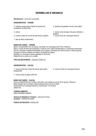 VERMELHO E BRANCO

Rendimento : cerca de 12 porções

INGREDIENTES - CREME

3 colheres (sopa) bem cheias de açúcar de            2 pacotes de gelatina incolor sem sabor
confeiteiro GLAÇÚCAR

3 claras                                             1 xícara (chá) de água fria para hidratar a
                                                     gelatina
4 xícaras (chá) de creme de leite fresco, gelado     1 xícara (chá) de morangos frescos

1 lata de leite condensado


MODO DE FAZER - CREME
Bata o GLAÇÚCAR com as claras, até obter um merengue bem firme. Reserve.
Bata o creme de leite até engrossar e misture com o leite condensado e o merengue reservado.
Por fim, adicione a gelatina hidratada com a água e derretida em banho-maria, e ainda quente.
Coloque na fôrma untada com óleo e molhada com água.
Espalhe os morangos e leve à geladeira, até firmar.
Desenforme e cubra com a calda.

TIPO DE RECIPIENTE : refratário (2000 ml)


INGREDIENTES - CALDA

1 xícara (chá) bem cheia de açúcar granulado         5 xícaras (chá) de morangos frescos
DOÇÚCAR

1 xícara (chá) de água (200 ml)


MODO DE FAZER - CALDA
Ferva o DOÇÚCAR com a água, até obter uma calda em ponto de fio grosso. Reserve.
Bata metade dos morangos, passe pela peneira e junte à calda.
Acrescente os morangos inteiros e cozinhe por 10 minutos.
Utilize fria.

CONGELAMENTO
NÃO ACONSELHAMOS

Tempo de Geladeira / Freezer : cerca de 4 horas
Ocasião : TODOS OS DIAS

FONTE DA RECEITA : DOCELAR




                                                                                             130
 
