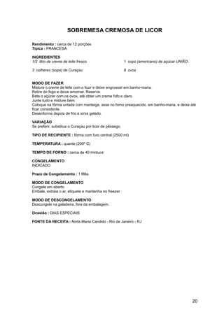 SOBREMESA CREMOSA DE LICOR

Rendimento : cerca de 12 porções
Típica : FRANCESA

INGREDIENTES
1/2 litro de creme de leite fresco                       1 copo (americano) de açúcar UNIÃO

3 colheres (sopa) de Curaçau                             8 ovos


MODO DE FAZER
Misture o creme de leite com o licor e deixe engrossar em banho-maria.
Retire do fogo e deixe amornar. Reserve.
Bata o açúcar com os ovos, até obter um creme fofo e claro.
Junte tudo e misture bem.
Coloque na fôrma untada com manteiga, asse no forno preaquecido, em banho-maria, e deixe até
ficar consistente.
Desenforme depois de frio e sirva gelado.

VARIAÇÃO
Se preferir, substitua o Curaçau por licor de pêssego.

TIPO DE RECIPIENTE : fôrma com furo central (2500 ml)

TEMPERATURA : quente (200º C)

TEMPO DE FORNO : cerca de 40 mintuos

CONGELAMENTO
INDICADO

Prazo de Congelamento : 1 Mês

MODO DE CONGELAMENTO
Congele em aberto.
Embale, extraia o ar, etiquete e mantenha no freezer.

MODO DE DESCONGELAMENTO
Descongele na geladeira, fora da embalagem.

Ocasião : DIAS ESPECIAIS

FONTE DA RECEITA : Ninfa Maria Candido - Rio de Janeiro - RJ




                                                                                              20
 