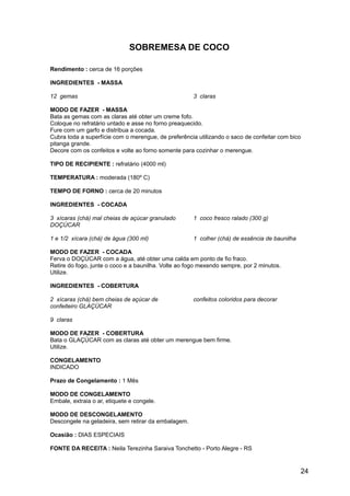 SOBREMESA DE COCO

Rendimento : cerca de 16 porções

INGREDIENTES - MASSA

12 gemas                                              3 claras

MODO DE FAZER - MASSA
Bata as gemas com as claras até obter um creme fofo.
Coloque no refratário untado e asse no forno preaquecido.
Fure com um garfo e distribua a cocada.
Cubra toda a superfície com o merengue, de preferência utilizando o saco de confeitar com bico
pitanga grande.
Decore com os confeitos e volte ao forno somente para cozinhar o merengue.

TIPO DE RECIPIENTE : refratário (4000 ml)

TEMPERATURA : moderada (180º C)

TEMPO DE FORNO : cerca de 20 minutos

INGREDIENTES - COCADA

3 xícaras (chá) mal cheias de açúcar granulado        1 coco fresco ralado (300 g)
DOÇÚCAR

1 e 1/2 xícara (chá) de água (300 ml)                 1 colher (chá) de essência de baunilha

MODO DE FAZER - COCADA
Ferva o DOÇÚCAR com a água, até obter uma calda em ponto de fio fraco.
Retire do fogo, junte o coco e a baunilha. Volte ao fogo mexendo sempre, por 2 minutos.
Utilize.

INGREDIENTES - COBERTURA

2 xícaras (chá) bem cheias de açúcar de               confeitos coloridos para decorar
confeiteiro GLAÇÚCAR

9 claras

MODO DE FAZER - COBERTURA
Bata o GLAÇÚCAR com as claras até obter um merengue bem firme.
Utilize.

CONGELAMENTO
INDICADO

Prazo de Congelamento : 1 Mês

MODO DE CONGELAMENTO
Embale, extraia o ar, etiquete e congele.

MODO DE DESCONGELAMENTO
Descongele na geladeira, sem retirar da embalagem.

Ocasião : DIAS ESPECIAIS

FONTE DA RECEITA : Neila Terezinha Saraiva Tonchetto - Porto Alegre - RS


                                                                                               24
 