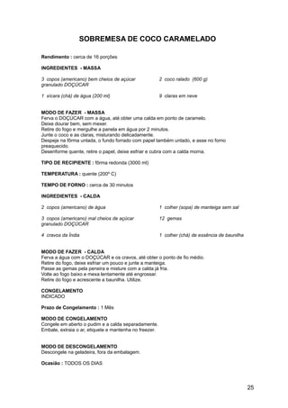 SOBREMESA DE COCO CARAMELADO

Rendimento : cerca de 16 porções

INGREDIENTES - MASSA

3 copos (americano) bem cheios de açúcar                2 coco ralado (600 g)
granulado DOÇÚCAR

1 xícara (chá) de água (200 ml)                         9 claras em neve


MODO DE FAZER - MASSA
Ferva o DOÇÚCAR com a água, até obter uma calda em ponto de caramelo.
Deixe dourar bem, sem mexer.
Retire do fogo e mergulhe a panela em água por 2 minutos.
Junte o coco e as claras, misturando delicadamente.
Despeje na fôrma untada, o fundo forrado com papel também untado, e asse no forno
preaquecido.
Desenforme quente, retire o papel, deixe esfriar e cubra com a calda morna.

TIPO DE RECIPIENTE : fôrma redonda (3000 ml)

TEMPERATURA : quente (200º C)

TEMPO DE FORNO : cerca de 30 minutos

INGREDIENTES - CALDA

2 copos (americano) de água                             1 colher (sopa) de manteiga sem sal

3 copos (americano) mal cheios de açúcar                12 gemas
granulado DOÇÚCAR

4 cravos da Índia                                       1 colher (chá) de essência de baunilha


MODO DE FAZER - CALDA
Ferva a água com o DOÇÚCAR e os cravos, até obter o ponto de fio médio.
Retire do fogo, deixe esfriar um pouco e junte a manteiga.
Passe as gemas pela peneira e misture com a calda já fria.
Volte ao fogo baixo e mexa lentamente até engrossar.
Retire do fogo e acrescente a baunilha. Utilize.

CONGELAMENTO
INDICADO

Prazo de Congelamento : 1 Mês

MODO DE CONGELAMENTO
Congele em aberto o pudim e a calda separadamente.
Embale, extraia o ar, etiquete e mantenha no freezer.


MODO DE DESCONGELAMENTO
Descongele na geladeira, fora da embalagem.

Ocasião : TODOS OS DIAS




                                                                                                 25
 