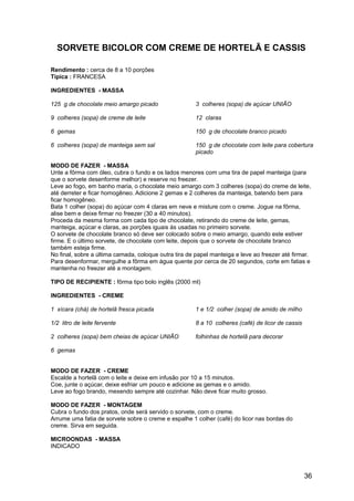 SORVETE BICOLOR COM CREME DE HORTELÃ E CASSIS

Rendimento : cerca de 8 a 10 porções
Típica : FRANCESA

INGREDIENTES - MASSA

125 g de chocolate meio amargo picado                  3 colheres (sopa) de açúcar UNIÃO

9 colheres (sopa) de creme de leite                    12 claras

6 gemas                                                150 g de chocolate branco picado

6 colheres (sopa) de manteiga sem sal                  150 g de chocolate com leite para cobertura
                                                       picado

MODO DE FAZER - MASSA
Unte a fôrma com óleo, cubra o fundo e os lados menores com uma tira de papel manteiga (para
que o sorvete desenforme melhor) e reserve no freezer.
Leve ao fogo, em banho maria, o chocolate meio amargo com 3 colheres (sopa) do creme de leite,
até derreter e ficar homogêneo. Adicione 2 gemas e 2 colheres da manteiga, batendo bem para
ficar homogêneo.
Bata 1 colher (sopa) do açúcar com 4 claras em neve e misture com o creme. Jogue na fôrma,
alise bem e deixe firmar no freezer (30 a 40 minutos).
Proceda da mesma forma com cada tipo de chocolate, retirando do creme de leite, gemas,
manteiga, açúcar e claras, as porções iguais às usadas no primeiro sorvete.
O sorvete de chocolate branco só deve ser colocado sobre o meio amargo, quando este estiver
firme. E o último sorvete, de chocolate com leite, depois que o sorvete de chocolate branco
também esteja firme.
No final, sobre a última camada, coloque outra tira de papel manteiga e leve ao freezer até firmar.
Para desenformar, mergulhe a fôrma em água quente por cerca de 20 segundos, corte em fatias e
mantenha no freezer até a montagem.

TIPO DE RECIPIENTE : fôrma tipo bolo inglês (2000 ml)

INGREDIENTES - CREME

1 xícara (chá) de hortelã fresca picada                1 e 1/2 colher (sopa) de amido de milho

1/2 litro de leite fervente                            8 a 10 colheres (café) de licor de cassis

2 colheres (sopa) bem cheias de açúcar UNIÃO           folhinhas de hortelã para decorar

6 gemas


MODO DE FAZER - CREME
Escalde a hortelã com o leite e deixe em infusão por 10 a 15 minutos.
Coe, junte o açúcar, deixe esfriar um pouco e adicione as gemas e o amido.
Leve ao fogo brando, mexendo sempre até cozinhar. Não deve ficar muito grosso.

MODO DE FAZER - MONTAGEM
Cubra o fundo dos pratos, onde será servido o sorvete, com o creme.
Arrume uma fatia de sorvete sobre o creme e espalhe 1 colher (café) do licor nas bordas do
creme. Sirva em seguida.

MICROONDAS - MASSA
INDICADO




                                                                                                   36
 