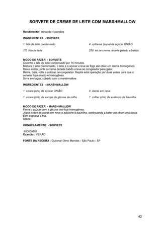 SORVETE DE CREME DE LEITE COM MARSHMALLOW

Rendimento : cerca de 4 porções

INGREDIENTES - SORVETE

1 lata de leite condensado                           4 colheres (sopa) de açúcar UNIÃO

1/2 litro de leite                                   250 ml de creme de leite gelado e batido


MODO DE FAZER - SORVETE
Cozinhe a lata de leite condensado por 15 minutos.
Misture o leite condensado, o leite e o açúcar e leve ao fogo até obter um creme homogêneo.
Deixe esfriar, junte o creme de leite batido e leve ao congelador para gelar.
Retire, bata, volte a colocar no congelador. Repita esta operação por duas vezes para que o
sorvete fique macio e homogêneo.
Sirva em taças, coberto com o marshmallow.

INGREDIENTES - MARSHMALLOW

1 xícara (chá) de açúcar UNIÃO                       4 claras em neve

1 xícara (chá) de xarope de glicose de milho         1 colher (chá) de essência de baunilha


MODO DE FAZER - MARSHMALLOW
Ferva o açúcar com a glicose até ficar homogêneo.
Jogue sobre as claras em neve e adicione a baunilha, continuando a bater até obter uma pasta
bem espessa e fria.
Utilize.

CONGELAMENTO - SORVETE

INDICADO
Ocasião : VERÃO

FONTE DA RECEITA : Guiomar Olmo Mendes - São Paulo - SP




                                                                                               42
 
