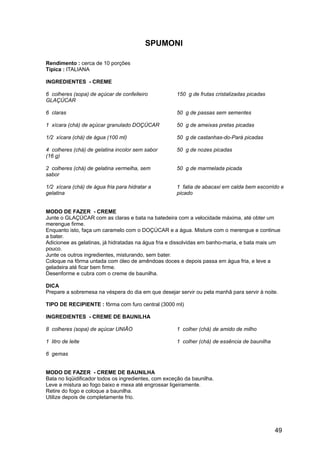 SPUMONI

Rendimento : cerca de 10 porções
Típica : ITALIANA

INGREDIENTES - CREME

6 colheres (sopa) de açúcar de confeiteiro            150 g de frutas cristalizadas picadas
GLAÇÚCAR

6 claras                                              50 g de passas sem sementes

1 xícara (chá) de açúcar granulado DOÇÚCAR            50 g de ameixas pretas picadas

1/2 xícara (chá) de água (100 ml)                     50 g de castanhas-do-Pará picadas

4 colheres (chá) de gelatina incolor sem sabor        50 g de nozes picadas
(16 g)

2 colheres (chá) de gelatina vermelha, sem            50 g de marmelada picada
sabor

1/2 xícara (chá) de água fria para hidratar a         1 fatia de abacaxi em calda bem escorrido e
gelatina                                              picado


MODO DE FAZER - CREME
Junte o GLAÇÚCAR com as claras e bata na batedeira com a velocidade máxima, até obter um
merengue firme.
Enquanto isto, faça um caramelo com o DOÇÚCAR e a água. Misture com o merengue e continue
a bater.
Adicionee as gelatinas, já hidratadas na água fria e dissolvidas em banho-maria, e bata mais um
pouco.
Junte os outros ingredientes, misturando, sem bater.
Coloque na fôrma untada com óleo de amêndoas doces e depois passa em água fria, e leve a
geladeira até ficar bem firme.
Desenforme e cubra com o creme de baunilha.

DICA
Prepare a sobremesa na véspera do dia em que desejar servir ou pela manhã para servir à noite.

TIPO DE RECIPIENTE : fôrma com furo central (3000 ml)

INGREDIENTES - CREME DE BAUNILHA

8 colheres (sopa) de açúcar UNIÃO                     1 colher (chá) de amido de milho

1 litro de leite                                      1 colher (chá) de essência de baunilha

6 gemas


MODO DE FAZER - CREME DE BAUNILHA
Bata no liqüidificador todos os ingredientes, com exceção da baunilha.
Leve a mistura ao fogo baixo e mexa até engrossar ligeiramente.
Retire do fogo e coloque a baunilha.
Utilize depois de completamente frio.




                                                                                               49
 