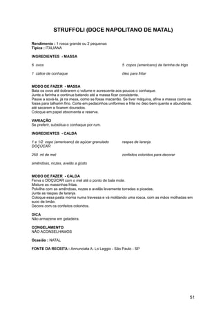 STRUFFOLI (DOCE NAPOLITANO DE NATAL)

Rendimento : 1 rosca grande ou 2 pequenas
Típica : ITALIANA

INGREDIENTES - MASSA

6 ovos                                               5 copos (americano) de farinha de trigo

1 cálice de conhaque                                 óleo para fritar


MODO DE FAZER - MASSA
Bata os ovos até dobrarem o volume e acrescente aos poucos o conhaque.
Junte a farinha e continue batendo até a massa ficar consistente.
Passe a sová-la, já na mesa, como se fosse macarrão. Se tiver máquina, afine a massa como se
fosse para talharim fino. Corte em pedacinhos uniformes e frite no óleo bem quente e abundante,
até secarem e ficarem dourados.
Coloque em papel absorvente e reserve.

VARIAÇÃO
Se preferir, substitua o conhaque por rum.

INGREDIENTES - CALDA

1 e 1/2 copo (americano) de açúcar granulado         raspas de laranja
DOÇÚCAR

250 ml de mel                                        confeitos coloridos para decorar

amêndoas, nozes, avelãs a gosto


MODO DE FAZER - CALDA
Ferva o DOÇÚCAR com o mel até o ponto de bala mole.
Misture as massinhas fritas.
Polvilhe com as amêndoas, nozes e avelãs levemente torradas e picadas.
Junte as raspas de laranja.
Coloque essa pasta morna numa travessa e vá moldando uma rosca, com as mãos molhadas em
suco de limão.
Decore com os confeitos coloridos.

DICA
Não armazene em geladeira.

CONGELAMENTO
NÃO ACONSELHAMOS

Ocasião : NATAL

FONTE DA RECEITA : Annunciata A. Lo Leggio - São Paulo - SP




                                                                                               51
 