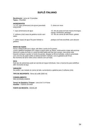 SUFLÊ ITALIANO

Rendimento : cerca de 12 porções
Típica : ITALIANA

INGREDIENTES
1 e 1/2 copo (americano) de açúcar granulado          5 claras em neve
DOÇÚCAR

1 copo (americano) de água                            1/2 litro de polpa de fruta macia (morangos,
                                                      manga, framboesa, pêssego)
2 colheres (chá) rasas de gelatina incolor sem        1/2 litro de creme de leite fresco, gelado
sabor

1 colher (sopa) de água fria para hidratar a          pedaços da fruta escolhida, para decorar
gelatina


MODO DE FAZER
Ferva o DOÇÚCAR com a água, até obter o ponto de fio grosso.
Junte a gelatina hidratada com a água e jogue sobre as claras, continuando a bater até amornar.
Adicione a polpa da fruta e o creme de leite batido até ficar bem grosso, mas ainda mole.
Quando começar a grudar no fundo da panela, despeje na fôrma molhada, a altura aumentada
com uma tira de papel cartão (2 dedos) também molhada. Leve à geladeira até firmar.
No momento de servir retire a tira e decore com as frutas.

DICA
Este tipo de sobremesa pode ser servida em taças individuais. Use a mesma tira para solidificar
além da borda da taça.

VARIAÇÃO
Se preferir, use metade do creme de leite, aumentando a gelatina para 3 colheres (chá).

TIPO DE RECIPIENTE : fôrma de suflê (2500 ml)

CONGELAMENTO
NÃO ACONSELHAMOS

Tempo de Geladeira / Freezer : cerca de 3 a 4 horas
Ocasião : TODOS OS DIAS

FONTE DA RECEITA : DOCELAR




                                                                                                  54
 