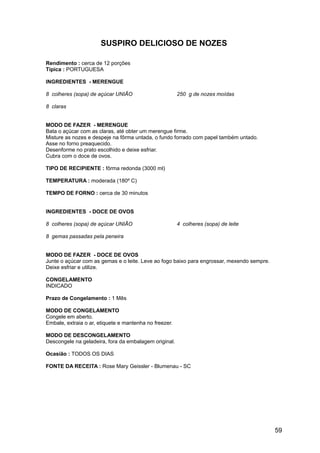 SUSPIRO DELICIOSO DE NOZES

Rendimento : cerca de 12 porções
Típica : PORTUGUESA

INGREDIENTES - MERENGUE

8 colheres (sopa) de açúcar UNIÃO                       250 g de nozes moídas

8 claras


MODO DE FAZER - MERENGUE
Bata o açúcar com as claras, até obter um merengue firme.
Misture as nozes e despeje na fôrma untada, o fundo forrado com papel também untado.
Asse no forno preaquecido.
Desenforme no prato escolhido e deixe esfriar.
Cubra com o doce de ovos.

TIPO DE RECIPIENTE : fôrma redonda (3000 ml)

TEMPERATURA : moderada (180º C)

TEMPO DE FORNO : cerca de 30 minutos


INGREDIENTES - DOCE DE OVOS

8 colheres (sopa) de açúcar UNIÃO                       4 colheres (sopa) de leite

8 gemas passadas pela peneira


MODO DE FAZER - DOCE DE OVOS
Junte o açúcar com as gemas e o leite. Leve ao fogo baixo para engrossar, mexendo sempre.
Deixe esfriar e utilize.

CONGELAMENTO
INDICADO

Prazo de Congelamento : 1 Mês

MODO DE CONGELAMENTO
Congele em aberto.
Embale, extraia o ar, etiquete e mantenha no freezer.

MODO DE DESCONGELAMENTO
Descongele na geladeira, fora da embalagem original.

Ocasião : TODOS OS DIAS

FONTE DA RECEITA : Rose Mary Geissler - Blumenau - SC




                                                                                            59
 