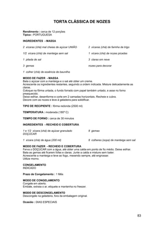 TORTA CLÁSSICA DE NOZES

Rendimento : cerca de 12 porções
Típica : PORTUGUESA

INGREDIENTES - MASSA

2 xícaras (chá) mal cheias de açúcar UNIÃO              2 xícaras (chá) de farinha de trigo

1/2 xícara (chá) de manteiga sem sal                    1 xícara (chá) de nozes picadas

1 pitada de sal                                         3 claras em neve

3 gemas                                                 nozes para decorar

1 colher (chá) de essência de baunilha

MODO DE FAZER - MASSA
Bata o açúcar com a manteiga e o sal até obter um creme.
Acrescente os ingredientes restantes, seguindo a ordem indicada. Misture delicadamente as
claras.
Coloque na fôrma untada, o fundo forrado com papel também untado, e asse no forno
preaquecido.
Deixe esfriar, desenforme e corte em 2 camadas horizontais. Recheie e cubra.
Decore com as nozes e leve à geladeira para solidificar.

TIPO DE RECIPIENTE : fôrma redonda (2500 ml)

TEMPERATURA : moderada (180º C)

TEMPO DE FORNO : cerca de 30 minutos

INGREDIENTES - RECHEIO E COBERTURA

1 e 1/2 xícara (chá) de açúcar granulado                8 gemas
DOÇÚCAR

1 xícara (chá) de água (200 ml)                         8 colheres (sopa) de manteiga sem sal

MODO DE FAZER - RECHEIO E COBERTURA
Ferva o DOÇÚCAR com a água, até obter uma calda em ponto de fio médio. Deixe esfriar.
Bata as gemas até ficarem fofas e claras. Junte a calda e misture sem bater.
Acrescente a manteiga e leve ao fogo, mexendo sempre, até engrossar.
Utilize morno.

CONGELAMENTO
INDICADO

Prazo de Congelamento : 1 Mês

MODO DE CONGELAMENTO
Congele em aberto.
Embale, extraia o ar, etiquete e mantenha no freezer.

MODO DE DESCONGELAMENTO
Descongele na geladeira, fora da embalagem original.

Ocasião : DIAS ESPECIAIS




                                                                                                83
 
