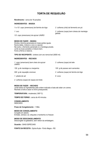 TORTA DE REQUEIJÃO

Rendimento : cerca de 16 porções

INGREDIENTES - MASSA

1 e 1/2 copo (americano) de farinha de trigo            2 colheres (chá) de fermento em pó

1 ovo                                                   2 colheres (sopa) bem cheias de manteiga
                                                        gelada
1/3 copo (americano) de açúcar UNIÃO


MODO DE FAZER - MASSA
Divida a farinha peneirada em duas partes iguais.
Numa delas, misture o ovo e o açúcar.
Na outra, o fermento peneirado e a manteiga picada.
Junte as duas porções e misture bem.
Forre a fôrma e reserve.

TIPO DE RECIPIENTE : torteira com aro removível (3000 ml)

INGREDIENTES - RECHEIO

1 copo (americano) bem cheio de açúcar                  3 colheres (sopa) de leite
UNIÃO

150 g de manteiga ou margarina                          100 g de passas sem sementes

500 g de requeijão cremoso                              2 colheres (sopa) de farinha de trigo

1 pitada de sal                                         8 ovos

2 colheres (sopa) de raspas de limão


MODO DE FAZER - RECHEIO
Junte todos os ingredientes pela ordem indicada e bata até obter um creme.
Recheie a torta e asse no forno preaquecido.

TEMPERATURA : moderada (180º C)

TEMPO DE FORNO : cerca de 40 minutos

CONGELAMENTO
INDICADO

Prazo de Congelamento : 1 Mês

MODO DE CONGELAMENTO
Congele em aberto.
Embale, extraia o ar, etiquete e mantenha no freezer.

MODO DE DESCONGELAMENTO
Descongele na geladeira, sem retirar da embalagem.

Ocasião : DIAS ESPECIAIS

FONTE DA RECEITA : Sylvia Kude - Porto Alegre - RS


                                                                                                99
 