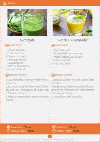 71
Bebidas
MODO DE PREPARO
INGREDIENTES
MODO DE PREPARO
INGREDIENTES
Rendimento -
Tempo de Preparo -
Rendimento -
Tempo de Preparo -
- 3 Fatias de Melão
- 1 Folha de Couve
- 1 Pepino com casca
- 2 Folhas de Hortelã
- 1 Maçã pequena
- 150ml de Água de Coco
- Adoçante Culinário
Suco Verde
1. Lave bem a maçã, corte ao meio e retire as
sementes.
2.BatatodososIngredientesnoliquidificador
por cerca de 2 minutos ou até tudo estar
totalmente triturado.
3. Passe em uma peneira, adoce e sirva em
seguida.
- 1 Kiwi Descascado
- 1 Fatia de Melão sem sementes
- 1 Xícara (chá) de Água de Coco
- 1 Folha de Hortelã
- Adoçante Culinário
Suco de Kiwi com Melão
1. Retire a casca do Kiwi e do Melão e corte
em cubos.
2.BatatodososIngredientesnoliquidificador
por cerca de 2 minutos até as frutas estarem
totalmente trituradas.
3. Adoce e Sirva com muito gelo.
1 Porção 1 Porção
10 Min 15 Min
Licenciado para Lilian josiane Rodrigues de Oliveira - 56171595268 - Protegido por Eduzz.com
 