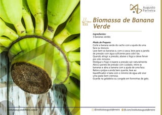 fb.com/institutoaugustoferreira
@institutoaugustoferreira
institutoaugustoferreira.com.br
Ingredientes:
3 bananas verdes
Modo de Preparo:
Corte a banana verde do cacho com a ajuda de uma
faca ou tesoura.
Lave bem as bananas e, com a casca, leve para a panela
de pressão com água suficiente para cobri-las.
Quando atingir a pressão, abaixe o fogo e deixe ferver
por oito minutos.
Desligue o fogo e espere a pressão sair naturalmente.
Abra a panela de pressão com cuidado, retire as
bananas e abra a banana com a ajuda de uma faca.
Retire a polpa e ainda bem quente, leve ao
liquidificador e bata com o mínimo de água até virar
uma pasta bem cremosa.
Guarde na geladeira ou congele em forminhas de gelo.
Biomassa de Banana
Verde
 
