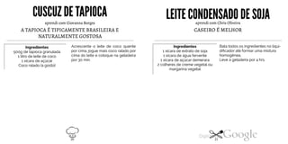 CUSCUZ DETAPIOCA LEITE CONDENSADODE SOJA
A TAPIOCA É TIPICAMENTE BRASILEIRA ENATURALMENTE GOSTOSA
Acrescente o leite de coco quentepor cima, jogue mais coco ralado porcima do leite e coloque na geladeirapor 30 min.aprendi com Giovanna BorgesIngredientes500g de tapioca granulada1 litro de leite de coco1 xícara de açúcarCoco ralado (a gosto) CASEIRO É MELHOR
Bata todos os ingredientes no liqui
dificador até formar uma mistura
homogênea.
Leve à geladeira por 4 hrs.
aprendi com Chris Oliveira
Ingredientes1 xícara de extrato de soja1 xícara de água fervente1 xícara de açúcar demerara2 colheres de creme vegetal ou
margarina vegetal
20 21
 