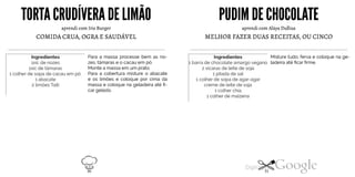 TORTACRUDÍVERADE LIMÃO PUDIMDE CHOCOLATE
aprendi com Iris Burger aprendi com Aláya Dullius
COMIDA CRUA, OGRA E SAUDÁVELPara a massa processe bem as no-zes, tâmaras e o cacau em pó.Ingredientes1xic de nozes MELHOR FAZER DUAS RECEITAS, OU CINCO
Misture tudo, ferva e coloque na ge
ladeira até ficar firme.
Ingredientes1 barra de chocolate amargo vegano
Monte a massa em um prato.Para a cobertura misture o abacate1xic de tâmaras1 colher de sopa de cacau em pó. 2 xícaras de leite de soja
1 pitada de sal
e os limões e coloque por cima da1 abacate 1 colher de sopa de agar-agar
massa e coloque na geladeira até fi-car gelado.2 limões Taiti creme de leite de soja
1 colher chia
1 colher de maizena
30 31
 