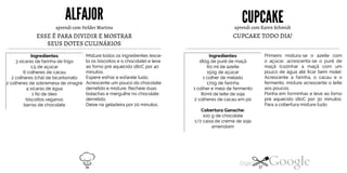ALFAJOR
aprendi com Helder Martins
ESSE É PARA DIVIDIR E MOSTRAR
SEUS DOTES CULINÁRIOS
Ingredientes
3 xícaras de farinha de trigo
1,5 de açúcar
6 colheres de cacau
2 colheres (chá) de bicarbonato
2 colheres de sobremesa de vinagre
4 xícaras de água
1 fio de óleo
biscoitos veganos
barras de chocolate
Misture todos os ingredientes (exce
to os biscoitos e o chocolate) e leve
ao forno pré aquecido 180C por 40
minutos.
Espere esfriar e esfarele tudo.
Acrescente um pouco do chocolate
derretido e misture. Recheie duas
bolachas e mergulhe no chocolate
derretido.
Deixe na geladeira por 20 minutos.
CUPCAKEaprendi com Karen Schmidt
CUPCAKE TODO DIA!
Ingredientes
180g de purê de maçã
60 ml de azeite
150g de açúcar
1 colher de melado
170g de farinha
1 colher e meia de fermento
80ml de leite de soja
2 colheres de cacau em pó
Cobertura Ganache:
100 g de chocolate
1/2 caixa de creme de soja
amendoim
Primeiro mistura-se o azeite com
o açúcar, acrescenta-se o purê de
maçã (cozinhar a maçã com um
pouco de água até ficar bem mole).
Acrescente a farinha, o cacau e o
fermento, misture acrescente o leite
aos poucos.
Ponha em forminhas e leve ao forno
pré aquecido 180C por 30 minutos.
Para a cobertura misture tudo.
36 37
 