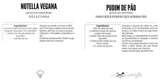 NUTELLAVEGANA
aprendi com Isadora Borges
D.E.L.I.C.I.O.S.A
Ingredientes
1 xíc de avelãs torradas e sem pele
100g de chocolate 70% derretido
1 colher de chá de extrato de
baunilha
1 pitada de sal
Aqueça as avelãs no forno a 180C
por 8 minutos e depois triture ainda
quente, até ficar um pouco líquida.
Coloque o chocolate, a baunilha e o
sal.
Continue processando. Deixe na ge
ladeira até ficar cremosa.
PUDIMDE PÃOaprendi com Laísa Helena
PARA FAZER SEMPRE QUE SOBRAR PÃO
Ingredientes
1 litro de leite de soja
5 colheres (sopa) de açúcar
4 pães franceses
1 colher (chá) de essência de
baunilha
1 colher (chá) canela em pó
Para a calda:
1/2 xícara de açúcar
Coloque o açúcar da calda em uma
forma de 23 cm de diâmetro com um
buraco no meio e leve ao fogo baixo
até derreter.
Bata todos os ingredientes do pudim
no liquidificador e despeje a mistura
na forma caramelada.
Cubra com papel alumínio e leve ao
forno a 180C dentro de uma forma
maior com água por 1h30min.
Espere esfriar para desenformar.
44 45
 