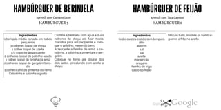 HAMBÚRGUERDEBERINJELA
aprendi com Caetano Lupo
HAMBÚRGUER5
Ingredientes
1 berinjela média cortada em cubos
pequenos
3 colheres (sopa) de shoyu
1 colher (sopa) de azeite
1/4 copo de água quente
2 colheres (sopa) de polvilho azedo
1 colher (sopa) de farinha da arroz
2 colheres (sopa) de gergelim torra
do
1 colher(café)de pimenta-do-reino
Cebolinha e salsinha a gosto
Cozinhe a berinjela com água e duas
colheres de shoyu até ficar macia.
Transfira para um recipiente e colo
que o polvilho, mexendo bem.
Acrescente a farinha de arroz, a ce
bolinha,a salsinha, a pimenta e o ger
gelim.
Coloque no forno até dourar dos
dois lados, pincelando com azeite e
shoyu.
HAMBÚRGUERDEFEIJÃO
aprendi com Tata Capozzi
HAMBÚRGUER6
Misture tudo, modele os hambúr
gueres e frite no azeite.
Ingredientesfeijão carioca cozido sem temperoalho
alecrim
sal
sal
azeite
manjericão
orégano
farinha de trigo
caldo do feijão
56 57
 
