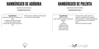 HAMBÚRGUERDEABÓBORA HAMBÚRGUERDEPOLENTA
aprendi com Rose Gomez aprendi com Francine Belem
HAMBÚRGUER 7Misture tudo, modele os hambúrgue-res e frite em óleo quente.Ingredientes4 colheres de sopa de abóbora co-zida2 colheres de sopa de aveia1 colher de sopa de azeitefarinha de rosca para dar ponto HAMBÚRGUER 8
Amasse bem o grão de bico e
misture a polenta ainda quente.
Misture todos os outros ingredientes
e vá dando liga com a farinha de
rosca.
Frite em fio de óleo quente.
Ingredientespolenta cozidagrão de bico cozido e amassadopápricasalpimenta
sal cebola picada
cebolinha picada
salsinha picada
farinha de rosca
58 59
 