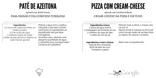 PATÊDE AZEITONA
aprendi com Rafael Garcia
PARA PASSAR O DIA COMENDO TORRADAS
Misture a água com o azeite e
mergulhe o pão bem cortado.
Leve todos os ingredientes ao
liquidificador até que fique
homogêneo.
Se estiver seco, adicione uma
pequena quantidade de água,
Ingredientes1/2 xícara de azeitonas pretas ouverdes picadas1/4 de xícara de água3 colheres (sopa) de azeite3 fatias de pão de forma vegano ou1 pão francês grande
o suficiente para conseguir bater.
Conserve em geladeira.
PIZZACOM CREAM-CHEESE
aprendi com Carolina Ordovás
CREAM-CHEESE NA PIZZA E EM TUDO
Ingredientes massa
1 xícara de água morna
1 embalagem de fermento em pó
2 colheres de sopa de óleo
1 colher de chá de sal
Ingredientes cream-cheese
100g de tofu amassado
80ml de leite de coco
Temperos à gosto
Misturar tudo e deixar a massa cres
cer por 1h.
Depois enrole e coloque no forno por
cinco minutos antes de rechear (mais
20 depois de colocar o recheio).
Bater tudo no liquidificador.
74 75
 