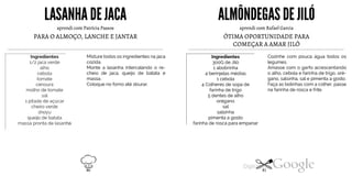 LASANHADEJACA
aprendi com Patrícia Passos
PARA O ALMOÇO, LANCHE E JANTAR
Ingredientes
1/2 jaca verde
alho
cebola
tomate
cenoura
molho de tomate
sal
1 pitada de açúcar
cheiro verde
shoyu
queijo de batata
massa pronta de lasanha
Misture todos os ingredientes najaca
cozida.
Monte a lasanha intercalando o re
cheio de jaca, queijo de batata e
massa.
Coloque no forno até dourar.
ALMÔNDEGASDE JILÓ
aprendi com Rafael Garcia
ÓTIMA OPORTUNIDADE PARA
4 Colheres de sopa de
farinha de trigo
5 dentes de alho
orégano
sal
salsinha
pimenta a gosto
farinha de rosca para empanar
COMEÇAR A AMAR JILÓ
Cozinhe com pouca água todos os
legumes.
Amasse com o garfo acrescentando
o alho, cebola e farinha de trigo, oré
gano, salsinha, sal e pimenta a gosto.
Ingredientes300G de Jiló1 abobrinha4 berinjelas médias1 cebola
Faça as bolinhas com a colher, passe
na farinha de rosca e frite.
80 81
 