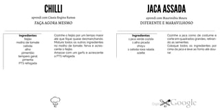 CHILLI
aprendi com Cássia Regina Ramos
PTS refogada
FAÇA AGORA MESMO
Cozinhe o feijão por um tempo maior
até que fique quase desmanchando.
Misture todos os outros ingredientes
no molho de tomate, ferva e acres
cente o feijão.
Amasse com um garfo e acrescente
a PTS refogada.
Ingredientesfeijãomolho de tomatecebolaalhopimentãotempero geralpimenta
JACA ASSADA
aprendi com Maurinúbia Moura
DIFERENTE E MARAVILHOSO
Ingredientes
1jaca verde cozida
1 alho picado
shoyu
1 cebola roxa ralada
azeite
Cozinhe a jaca como de costume e
corte em quadrados grandes, retiran
do as sementes.
Coloque todos os ingredientes por
cima dajaca e leve ao forno até dou
rar.
82 83
 
