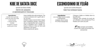 KIBEDE BATATA DOCE
aprendi com Elaine Chiliks
FRITO OU ASSADO,
O IMPORTANTE É TER KIBE
Ingredientes
1 batata doce grande
500g de trigo para kibe
1 alho picado
1 cebola picada
hortelã
temperos à gosto
azeite para untar
Asse a batata doce até amolecer. Tire
a casca e amasse com o garfo até vi
rar um purê.
Hidrate o trigo e escorra bem a água.
Num recipiente grande, misture to
dos os ingredientes bem picadinhos.
Unte a assadeira com o azeite, co
loque a mistura e leve ao forno pré
aquecido a 200 graus.
Deixe assando por 45min.
ESCONDIDINHODE FEIJÃO
aprendi com Carolina Mesquita
NÃO VAI SOBRAR NADA
Ingredientes
2 xic. de feijão branco cozido
e temperado
2 batatas doce cozida
PTS frita e temperada
Coloque o feijão e a batata doce no
liquidificador.
Coloque uma camada do purê em
um refratário, uma camada de PTS e
finalize com outra do purê.
Dica: recheie com lentilha
cozida com molho de tomate, fica
sensacional
90 91
 