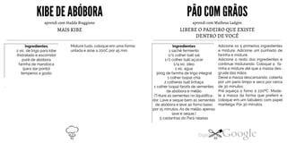 KIBEDE ABÓBORA
aprendi com Hadda Biaggione
Ingredientes
2 xic. de trigo para kibe
(hidratado e escorrido)
purê de abóbora
farinha de mandioca
(para dar ponto)
temperos a gosto
.
MAIS KIBE
Misture tudo, coloque em uma forma
untada e asse a 200C por 45 min.
PÃO COM GRÃOS
aprendi com Matheus Ladgen
LIBERE O PADEIRO QUE EXISTE
DENTRO DE VOCÊ
Ingredientes
1 sachê fermento
1/2 colher (sal) sal
1/2 colher (sal) açúcar
1/4 xic. óleo
1 xic. água
300g de farinha de trigo integral
1 colher (sopa) chia
2 colheres (sal) linhaça
1 colher (sopa) farofa de sementes
de abóbora e melão
(Triture as sementes no liquidifica-
dor. Lave e seque bem as sementes
de abóbora e leve ao forno baixo
por 15 minutos. As de melão apenas
lave e seque.)
5 castanhas do Pará raladas
Adicione os 5 primeiros ingredientes
e misture. Adicione um punhado de
farinha e misture.
Adicione o resto dos ingredientes e
continue misturando. Coloque a fa
rinha e misture até que a massa des
grude das mãos.
Deixe a massa descansando, coberta
por um pano limpo e seco por cerca
de 30 minutos.
Pré aqueça o forno à 220ºC. Mode
le a massa da forma que preferir e
coloque em um tabuleiro com papel
manteiga. Por 30 minutos.
92 93
 