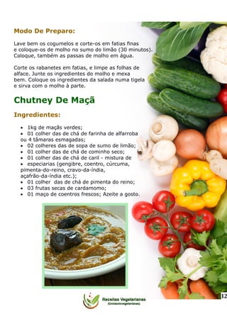Modo De Preparo:
Lave bem os cogumelos e corte-os em fatias ﬁnas
e coloque-os de molho no sumo do limão (30 minutos).
Coloque, também as passas de molho em água.
Corte os rabanetes em fatias, e limpe as folhas de
alface. Junte os ingredientes do molho e mexa
bem. Coloque os ingredientes da salada numa tigela
e sirva com o molho à parte.
Chutney De Maçã
Ingredientes:
 1kg de maçãs verdes;
 01 colher das de chá de farinha de alfarroba
ou 4 tâmaras esmagadas;
 02 colheres das de sopa de sumo de limão;
 01 colher das de chá de cominho seco;
 01 colher das de chá de caril - mistura de
 especiarias (gengibre, coentro, cúrcuma,
pimenta-do-reino, cravo-da-índia,
açafrão-da-índia etc.);
 01 colher das de chá de pimenta do reino;
 03 frutas secas de cardamomo;
 01 maço de coentros frescos; Azeite a gosto.
12
 