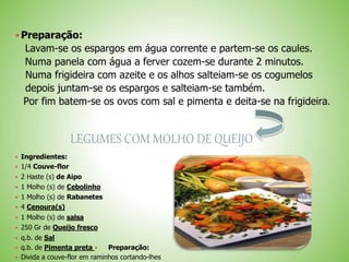 Preparação:
Lavam-se os espargos em água corrente e partem-se os caules.
Numa panela com água a ferver cozem-se durante 2 minutos.
Numa frigideira com azeite e os alhos salteiam-se os cogumelos
depois juntam-se os espargos e salteiam-se também.
Por fim batem-se os ovos com sal e pimenta e deita-se na frigideira.
LEGUMES COM MOLHO DE QUEIJO
 Ingredientes:
 1/4 Couve-flor
 2 Haste (s) de Aipo
 1 Molho (s) de Cebolinho
 1 Molho (s) de Rabanetes
 4 Cenoura(s)
 1 Molho (s) de salsa
 250 Gr de Queijo fresco
 q.b. de Sal
 q.b. de Pimenta preta  Preparação:
 Divida a couve-flor em raminhos cortando-lhes
 
