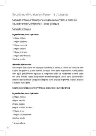 Receita nutritiva rica em Ferro - 1€ / pessoa
     Sopa de brócolos* | Frango* estufado com ervilhas e arroz de
     couve branca | Clementina | 1 copo de água

     Sopa de brócolos

     Ingredientes para 4 pessoas:
     160g de batata
     120g de abóbora
     120g de cenoura
     120g de cebola
     120g de brócolos
     120g de alho-francês
     20ml de azeite

     Modo de confecção:
     Descasque, lave e corte em pedaços a abóbora, a batata, a cebola e a cenoura. Lave
     e corte em pedaços o alho-francês. Coloque todos estes ingredientes numa panela
     com água previamente aquecida e temperada com sal moderado e deixe cozer
     em lume brando. Passe a sopa com a varinha mágica. Lave e corte os brócolos e
     adicione os brócolos à sopa passada para cozer. Depois de pronta, coloque o azeite
     e misture muito bem.

     Frango estufado com ervilhas e arroz de couve branca

     Ingredientes para 4 pessoas:
     520g de frango
     80g de tomate
     80g de cebola
     40g de ervilhas em lata
     120g de arroz
     180g de couve branca
     40ml de azeite

     * ricos em ferro

12
 