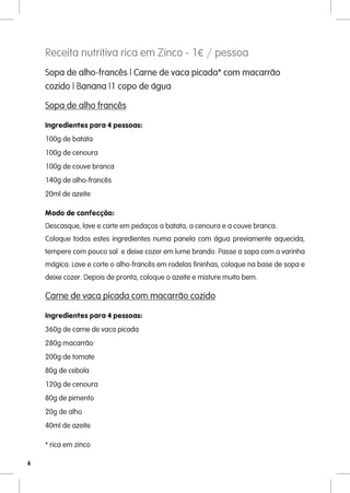 Receita nutritiva rica em Zinco - 1€ / pessoa
    Sopa de alho-francês | Carne de vaca picada* com macarrão
    cozido | Banana |1 copo de água

    Sopa de alho francês

    Ingredientes para 4 pessoas:
    100g de batata
    100g de cenoura
    100g de couve branca
    140g de alho-francês
    20ml de azeite

    Modo de confecção:
    Descasque, lave e corte em pedaços a batata, a cenoura e a couve branca.
    Coloque todos estes ingredientes numa panela com água previamente aquecida,
    tempere com pouco sal e deixe cozer em lume brando. Passe a sopa com a varinha
    mágica. Lave e corte o alho-francês em rodelas fininhas, coloque na base de sopa e
    deixe cozer. Depois de pronta, coloque o azeite e misture muito bem.

    Carne de vaca picada com macarrão cozido

    Ingredientes para 4 pessoas:
    360g de carne de vaca picada
    280g macarrão
    200g de tomate
    80g de cebola
    120g de cenoura
    80g de pimento
    20g de alho
    40ml de azeite

    * rica em zinco

6
 