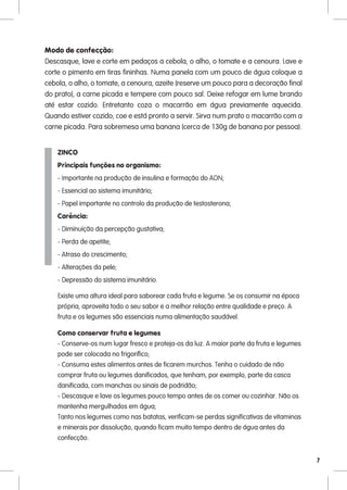 Modo de confecção:
Descasque, lave e corte em pedaços a cebola, o alho, o tomate e a cenoura. Lave e
corte o pimento em tiras fininhas. Numa panela com um pouco de água coloque a
cebola, o alho, o tomate, a cenoura, azeite (reserve um pouco para a decoração final
do prato), a carne picada e tempere com pouco sal. Deixe refogar em lume brando
até estar cozido. Entretanto coza o macarrão em água previamente aquecida.
Quando estiver cozido, coe e está pronto a servir. Sirva num prato o macarrão com a
carne picada. Para sobremesa uma banana (cerca de 130g de banana por pessoa).


    ZINCO
    Principais funções no organismo:
    - Importante na produção de insulina e formação do ADN;
    - Essencial ao sistema imunitário;
    - Papel importante no controlo da produção de testosterona;
    Carência:
    - Diminuição da percepção gustativa;
    - Perda de apetite;
    - Atraso do crescimento;
    - Alterações da pele;
    - Depressão do sistema imunitário.

    Existe uma altura ideal para saborear cada fruta e legume. Se os consumir na época
    própria, aproveita todo o seu sabor e a melhor relação entre qualidade e preço. A
    fruta e os legumes são essenciais numa alimentação saudável.

    Como conservar fruta e legumes
    - Conserve-os num lugar fresco e proteja-os da luz. A maior parte da fruta e legumes
    pode ser colocada no frigorífico;
    - Consuma estes alimentos antes de ficarem murchos. Tenha o cuidado de não
    comprar fruta ou legumes danificados, que tenham, por exemplo, parte da casca
    danificada, com manchas ou sinais de podridão;
    - Descasque e lave os legumes pouco tempo antes de os comer ou cozinhar. Não os
    mantenha mergulhados em água;
    Tanto nos legumes como nas batatas, verificam-se perdas significativas de vitaminas
    e minerais por dissolução, quando ficam muito tempo dentro de água antes da
    confecção.


                                                                                           7
 