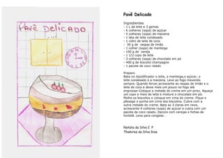 Pavê Delicado
Ingredientes
-   1 L de leite e 3 gemas
-   6 colheres (sopa) de açúcar
-   5 colheres (sopa) de maizena
-   1 lata de leite condesado
-   1 vidro de leite de coco
-    30 g de raspas de limão
-   1 colher (sopa) de manteiga
-   100 g de cereja
-   1 1/2 copo de leite
-   3 colheres (sopa) de chocolate em pó
-   400 g de biscoito champagne
-   1 pacote de coco ralado

Preparo
Bata no liqüidificador o leite, a manteiga,o açúcar, o
leite condesado e a maizena. Leve ao fogo mexendo
sempre. Quando ferver,acrescente as raspas de limão e o
leite de coco e deixe mais um pouco no fogo até
engrossar.Coloque a metade do creme em um pirex. Aqueça
um copo e meio de leite e misture o chocolate em pó.
Molhe os biscoitos e coloque em cima do creme. Pique o
pêssego e ponha em cima dos biscoitos. Cubra com a
outra metade do creme. Bata as 3 claras em neve,
acrescente 4 colheres (sopa) de açúcar e cubra com um
pacote de coco ralado. Decore com cerejas e folhas de
hortelã. Leve para congelar.



Natalia da Silva C P
Thamires da Silva Dias
 