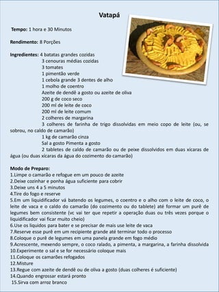 Vatapá
Tempo: 1 hora e 30 Minutos
Rendimento: 8 Porções
Ingredientes: 4 batatas grandes cozidas
3 cenouras médias cozidas
3 tomates
1 pimentão verde
1 cebola grande 3 dentes de alho
1 molho de coentro
Azeite de dendê a gosto ou azeite de oliva
200 g de coco seco
200 ml de leite de coco
200 ml de leite comum
2 colheres de margarina
3 colheres de farinha de trigo dissolvidas em meio copo de leite (ou, se
sobrou, no caldo de camarão)
1 kg de camarão cinza
Sal a gosto Pimenta a gosto
2 tabletes de caldo de camarão ou de peixe dissolvidos em duas xícaras de
água (ou duas xícaras da água do cozimento do camarão)
Modo de Preparo:
1.Limpe o camarão e refogue em um pouco de azeite
2.Deixe cozinhar e ponha água suficiente para cobrir
3.Deixe uns 4 a 5 minutos
4.Tire do fogo e reserve
5.Em um liquidificador vá batendo os legumes, o coentro e o alho com o leite de coco, o
leite de vaca e o caldo do camarão (do cozimento ou do tablete) até formar um purê de
legumes bem consistente (vc vai ter que repetir a operação duas ou três vezes porque o
liquidificador vai ficar muito cheio)
6.Use os liquidos para bater e se precisar de mais use leite de vaca
7.Reserve esse purê em um recipiente grande até terminar todo o processo
8.Coloque o purê de legumes em uma panela grande em fogo médio
9.Acrescente, mexendo sempre, o coco ralado, a pimenta, a margarina, a farinha dissolvida
10.Experimente o sal e se for necessário coloque mais
11.Coloque os camarões refogados
12.Misture
13.Regue com azeite de dendê ou de oliva a gosto (duas colheres é suficiente)
14.Quando engrossar estará pronto
15.Sirva com arroz branco
 