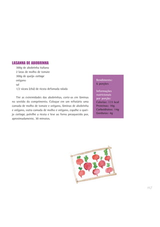 LASANHA DE ABOBRINHA
300g de abobrinha italiana
2 latas de molho de tomate
300g de queijo cottage
orégano
sal
1/2 xícara (chá) de ricota defumada ralada
Tire as extremidades das abobrinhas, corte-as em lâminas
no sentido do comprimento. Coloque em um refratário uma
camada de molho de tomate e orégano, lâminas de abobrinha
e orégano, outra camada de molho e orégano, espalhe o quei-
jo cottage, polvilhe a ricota e leve ao forno preaquecido por,
aproximadamente, 30 minutos.
117
Rendimento:
6 porções
Informações
nutricionais
por porção:
Calorias: 133 kcal
Proteínas: 10g
Carboidratos: 14g
Gorduras: 4g
 