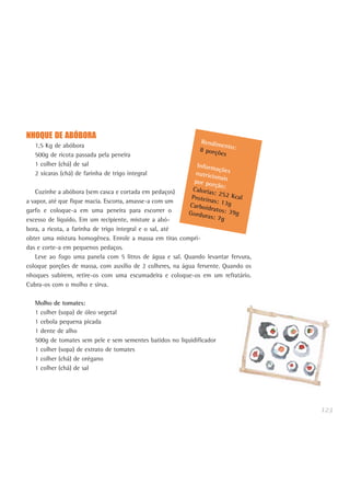 123
NHOQUE DE ABÓBORA
1,5 Kg de abóbora
500g de ricota passada pela peneira
1 colher (chá) de sal
2 xícaras (chá) de farinha de trigo integral
Cozinhe a abóbora (sem casca e cortada em pedaços)
a vapor, até que fique macia. Escorra, amasse-a com um
garfo e coloque-a em uma peneira para escorrer o
excesso de líquido. Em um recipiente, misture a abó-
bora, a ricota, a farinha de trigo integral e o sal, até
obter uma mistura homogênea. Enrole a massa em tiras compri-
das e corte-a em pequenos pedaços.
Leve ao fogo uma panela com 5 litros de água e sal. Quando levantar fervura,
coloque porções de massa, com auxílio de 2 colheres, na água fervente. Quando os
nhoques subirem, retire-os com uma escumadeira e coloque-os em um refratário.
Cubra-os com o molho e sirva.
Molho de tomates:
1 colher (sopa) de óleo vegetal
1 cebola pequena picada
1 dente de alho
500g de tomates sem pele e sem sementes batidos no liquidificador
1 colher (sopa) de extrato de tomates
1 colher (chá) de orégano
1 colher (chá) de sal
Rendimento:8 porções
Informaçõesnutricionaispor porção:Calorias: 252 KcalProteínas: 13gCarboidratos: 39gGorduras: 7g
 