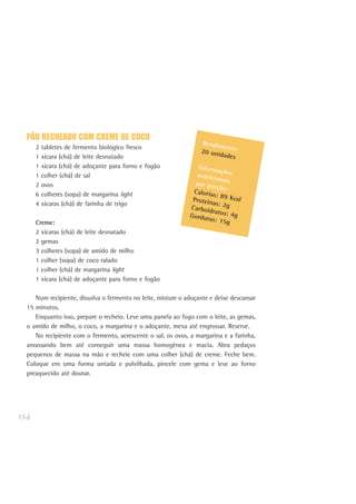 154
PÃO RECHEADO COM CREME DE COCO
2 tabletes de fermento biológico fresco
1 xícara (chá) de leite desnatado
1 xícara (chá) de adoçante para forno e fogão
1 colher (chá) de sal
2 ovos
6 colheres (sopa) de margarina light
4 xícaras (chá) de farinha de trigo
Creme:
2 xícaras (chá) de leite desnatado
2 gemas
3 colheres (sopa) de amido de milho
1 colher (sopa) de coco ralado
1 colher (chá) de margarina light
1 xícara (chá) de adoçante para forno e fogão
Num recipiente, dissolva o fermento no leite, misture o adoçante e deixe descansar
15 minutos.
Enquanto isso, prepare o recheio. Leve uma panela ao fogo com o leite, as gemas,
o amido de milho, o coco, a margarina e o adoçante, mexa até engrossar. Reserve.
No recipiente com o fermento, acrescente o sal, os ovos, a margarina e a farinha,
amassando bem até conseguir uma massa homogênea e macia. Abra pedaços
pequenos de massa na mão e recheie com uma colher (chá) de creme. Feche bem.
Coloque em uma forma untada e polvilhada, pincele com gema e leve ao forno
preaquecido até dourar.
Rendimento:20 unidades
Informaçõesnutricionaispor porção:Calorias: 89 KcalProteínas: 2gCarboidratos: 4gGorduras: 15g
 