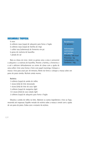 156
ROCAMBOLE TROPICAL
6 ovos
6 colheres rasas (sopa) de adoçante para forno e fogão
6 colheres rasas (sopa) de farinha de trigo
1 colher rasa (sobremesa) de fermento em pó
6 gotas de essência de baunilha
1 pitada de sal
Bata as claras em neve. Junte as gemas uma a uma e acrescente
o adoçante e a essência de baunilha. Peneire a farinha, o fermento e
o sal e adicione delicadamente ao creme de claras com a ajuda de
uma colher. Unte uma forma e forre com papel-manteiga. Coloque a
massa e leve para assar por 20 minutos. Retire do forno e coloque a massa sobre um
pano de prato úmido. Recheie ainda morno.
Recheio:
3 colheres (sopa) de amido de milho
1 xícara (chá) de leite desnatado
1 xícara (chá) de leite de coco light
3 colheres (sopa) de margarina light
1/2 xícara (chá) de coco ralado light
2 colheres (sopa) de adoçante para forno e fogão
Dissolva o amido de milho no leite. Adicione os outros ingredientes e leve ao fogo,
mexendo até engrossar. Espalhe metade do recheio sobre a massa e enrole com a ajuda
de um pano de prato. Cubra com o restante do recheio.
Rendimento:
12 porções
Informações
nutricionais
por porção:
Calorias: 185 Kcal
Proteínas: 5g
Carboidratos: 17g
Gorduras: 10g
 
