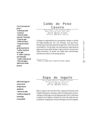 Caldo de Peixe
2 ou 3 carcaças de
peixe*                                 Caseiro
                                    TEMPO DE PREPARO : 1 HORA R ENDIMENTO: 750 ML
1 cebola grande                       G RAU DE DIFICULDADE: MÉDIO CUSTO: MÉDIO
1 cenoura                                 ZN: 0,19 MN: 0,19 SE: 375,50
1 talo de salsão                        VTC: 5,74 VAR: 708,13 VTE: 0,13

casca de 1 laranja
1 talo de aipo
                        Coloque os ingredientes em uma panela, tampe e cozinhe
1 folha de louro




                                                                                            MOLHOS, SOPAS E PURÊS
                        em fogo brando por 30 a 35 minutos, sem que ferva.
1 maço de cheiro-
                        Sempre que se formar espuma na superfície, retire com uma
verde
                        escumadeira. Tire do fogo, coe numa peneira, apertando as
grãos de pimenta
                        aparas com uma colher de pau. Espere esfriar e conserve em
1 colher (café) de
                        vidro hermético. Se quiser um caldo mais concentrado,
erva-doce
                        cozinhe até reduzir a um xarope grosso.
½ colher (café) de
noz-moscada
1 colher (chá) de sal
1 litro de água         * Podem ser usadas cascas e cabeça de camarão e lagosta.            27
300 ml de vinho
branco




                                  Sopa                       de        Iogurte
                                 TEMPO   DE PREPARO :   30         R ENDIMENTO: 6 PORÇÕES
                                                             MINUTOS

500 ml de iogurte                        G RAU DE DIFICULDADE: FÁCIL CUSTO: BAIXO
                                              ZN: 1,11 MN: 0,04 SE: 1,33
natural em                                 VTC: 1,48 VAR: 94,09 VTE: 0,73
temperatura
ambiente
1 dente de alho         Bata o iogurte até ficar bem fino. Aqueça levemente uma
                        frigideira pequena, esfregue o alho em toda a parte interna,
3 colheres (sopa) de
                        coloque a manteiga e leve ao fogo para derretê-la. Distribua
manteiga                o iogurte em 6 tigelas e coloque no centro de cada uma um
6 ovos pochê            ovo pochê. Despeje por cima a manteiga e sirva em seguida.
 