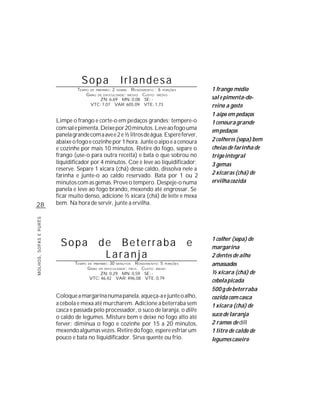 Sopa                       Irlandesa
                                 TEMPO DE PREPARO : 2 HORAS R ENDIMENTO : 6 PORÇÕES       1 frango médio
                                     G RAU DE DIFICULDADE: MÉDIO CUSTO: MÉDIO
                                            ZN: 6,69 MN: 0,08 SE: -                       sal e pimenta-do-
                                       VTC: 7,07 VAR: 605,09 VTE: 1,73                    reino a gosto
                                                                                          1 aipo em pedaços
                        Limpe o frango e corte-o em pedaços grandes; tempere-o            1 cenoura grande
                        com sal e pimenta. Deixe por 20 minutos. Leve ao fogo uma         em pedaços
                        panela grande com a ave e 2 e ½ litros de água. Espere ferver,
                        abaixe o fogo e cozinhe por 1 hora. Junte o aipo e a cenoura      2 colheres (sopa) bem
                        e cozinhe por mais 10 minutos. Retire do fogo, separe o           cheias de farinha de
                        frango (use-o para outra receita) e bata o que sobrou no          trigo integral
                        liquidificador por 4 minutos. Coe e leve ao liquidificador;       3 gemas
                        reserve. Separe 1 xícara (chá) desse caldo, dissolva nele a
                        farinha e junte-o ao caldo reservado. Bata por 1 ou 2             2 xícaras (chá) de
                        minutos com as gemas. Prove o tempero. Despeje-o numa             ervilha cozida
                        panela e leve ao fogo brando, mexendo até engrossar. Se
                        ficar muito denso, adicione ½ xícara (chá) de leite e mexa
28                      bem. Na hora de servir, junte a ervilha.
MOLHOS, SOPAS E PURÊS




                                                                                          1 colher (sopa) de
                          Sopa                  de Beterraba                          e   margarina
                                                 Laranja                                  2 dentes de alho
                                TEMPO   DE PREPARO :   30  R ENDIMENTO: 5 PORÇÕES
                                                            MINUTOS                       amassados
                                        G RAU   DE DIFICULDADE: FÁCIL
                                                               CUSTO: BAIXO
                                            ZN: 0,29 MN: 0,59 SE: -                       ½ xícara (chá) de
                                        VTC: 46,42 VAR: 496,08 VTE: 0,79
                                                                                          cebola picada
                                                                                          500 g de beterraba
                        Coloque a margarina numa panela, aqueça-a e junte o alho,         cozida com casca
                        a cebola e mexa até murcharem. Adicione a beterraba sem           1 xícara (chá) de
                        casca e passada pelo processador, o suco de laranja, o dill e
                        o caldo de legumes. Misture bem e deixe no fogo alto até          suco de laranja
                        ferver; diminua o fogo e cozinhe por 15 a 20 minutos,             2 ramos de dill
                        mexendo algumas vezes. Retire do fogo, espere esfriar um          1 litro de caldo de
                        pouco e bata no liquidificador. Sirva quente ou frio.             legumes caseiro
 