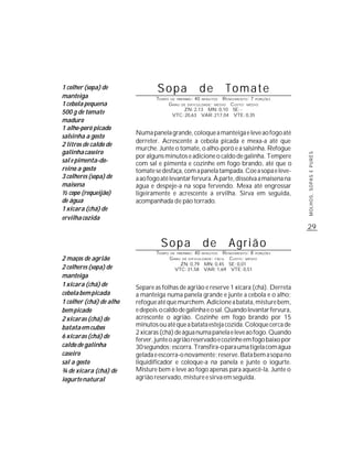 1 colher (sopa) de               Sopa                    de            Tomate
manteiga                         TEMPO   DE PREPARO :   40        R ENDIMENTO: 7 PORÇÕES
                                                             MINUTOS
1 cebola pequena                         G RAU DE DIFICULDADE: MÉDIO CUSTO: MÉDIO
                                                ZN: 2,13 MN: 0,10 SE: -
500 g de tomate                           VTC: 20,63 VAR: 217,04 VTE: 0,35
maduro
1 alho-poró picado
                         Numa panela grande, coloque a manteiga e leve ao fogo até
salsinha a gosto
                         derreter. Acrescente a cebola picada e mexa-a até que
2 litros de caldo de
                         murche. Junte o tomate, o alho-poró e a salsinha. Refogue
galinha caseiro




                                                                                            MOLHOS, SOPAS E PURÊS
                         por alguns minutos e adicione o caldo de galinha. Tempere
sal e pimenta-do-        com sal e pimenta e cozinhe em fogo brando, até que o
reino a gosto            tomate se desfaça, com a panela tampada. Coe a sopa e leve-
3 colheres (sopa) de     a ao fogo até levantar fervura. À parte, dissolva a maisena na
maisena                  água e despeje-a na sopa fervendo. Mexa até engrossar
½ copo (requeijão)       ligeiramente e acrescente a ervilha. Sirva em seguida,
de água                  acompanhada de pão torrado.
1 xícara (chá) de
ervilha cozida
                                                                                            29

                                  Sopa                       de        Agrião
                                 TEMPO   DE PREPARO :   40         R ENDIMENTO: 8 PORÇÕES
                                                             MINUTOS
2 maços de agrião                        G RAU DE DIFICULDADE: FÁCIL CUSTO: MÉDIO
                                              ZN: 0,79 MN: 0,45 SE: 0,01
2 colheres (sopa) de                        VTC: 31,58 VAR: 1,69 VTE: 0,51
manteiga
1 xícara (chá) de        Separe as folhas de agrião e reserve 1 xícara (chá). Derreta
cebola bem picada        a manteiga numa panela grande e junte a cebola e o alho;
1 colher (chá) de alho   refogue até que murchem. Adicione a batata, misture bem,
bem picado               e depois o caldo de galinha e o sal. Quando levantar fervura,
2 xícaras (chá) de       acrescente o agrião. Cozinhe em fogo brando por 15
batata em cubos          minutos ou até que a batata esteja cozida. Coloque cerca de
                         2 xícaras (chá) de água numa panela e leve ao fogo. Quando
6 xícaras (chá) de
                         ferver, junte o agrião reservado e cozinhe em fogo baixo por
caldo de galinha         30 segundos; escorra. Transfira-o para uma tigela com água
caseiro                  gelada e escorra-o novamente; reserve. Bata bem a sopa no
sal a gosto              liquidificador e coloque-a na panela e junte o iogurte.
¾ de xícara (chá) de     Misture bem e leve ao fogo apenas para aquecê-la. Junte o
iogurte natural          agrião reservado, misture e sirva em seguida.
 