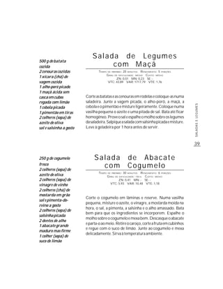 Salada de Legumes
500 g de batata
cozida                            com Maçã
2 cenouras cozidas               TEMPO   DE PREPARO :   20   R ENDIMENTO: 5 PORÇÕES
                                                             MINUTOS
                                         G RAU   DE DIFICULDADE: MÉDIO
                                                                 CUSTO: MÉDIO
1 xícara (chá) de                             ZN: 0,01 MN: 0,23 SE: -
vagem cozida                             VTC: 43,89 VAR: 1717,79 VTE: 1,76
1 alho-poró picado
1 maçã ácida sem
casca em cubos           Corte as batatas e as cenouras em rodelas e coloque-as numa
regada com limão         saladeira. Junte a vagem picada, o alho-poró, a maçã, a




                                                                                          SALADAS E LEGUMES
1 cebola picada          cebola e o pimentão e misture ligeiramente. Coloque numa
1 pimentão em tiras      vasilha pequena o azeite e uma pitada de sal. Bata até ficar
2 colheres (sopa) de     homogêneo. Prove o sal e espalhe o molho sobre os legumes
azeite de oliva          da saladeira. Salpique a salada com salsinha picada e misture.
sal e salsinha a gosto   Leve à geladeira por 1 hora antes de servir.



                                                                                          39


250 g de cogumelo             Salada                         de Abacate
fresco
2 colheres (sopa) de
                                com                          Cogumelo
                                 TEMPO   DE PREPARO :   30    R ENDIMENTO: 6 PORÇÕES
azeite de oliva
                                                             MINUTOS
                                         G RAU   DE DIFICULDADE: FÁCIL
                                                                 CUSTO: MÉDIO
2 colheres (sopa) de                            ZN: 0,41 MN: - SE: -
                                           VTC: 5,93 VAR: 10,48 VTE: 1,18
vinagre de vinho
2 colheres (chá) de
mostarda em grão
                         Corte o cogumelo em lâminas e reserve. Numa vasilha
sal e pimenta-do-
                         pequena, misture o azeite, o vinagre, a mostarda moída na
reino a gosto
                         hora, o sal, a pimenta, a salsinha e o alho amassado. Bata
2 colheres (sopa) de
                         bem para que os ingredientes se incorporem. Espalhe o
salsinha picada
                         molho sobre o cogumelo e mexa bem. Descasque o abacate
2 dentes de alho
                         e parta-o ao meio. Retire o caroço, corte a fruta em cubinhos
1 abacate grande
                         e regue com o suco de limão. Junte ao cogumelo e mexa
maduro mas firme
                         delicadamente. Sirva à temperatura ambiente.
1 colher (sopa) de
suco de limão
 