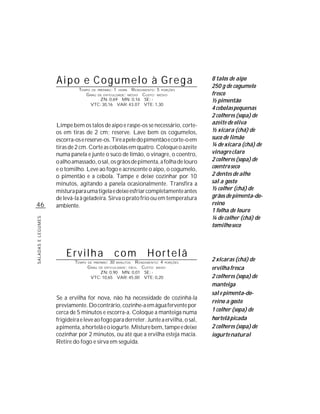 Aipo e Cogumelo à Grega                                            8 talos de aipo
                                                                                       250 g de cogumelo
                              TEMPO DE   PREPARO :   1R ENDIMENTO: 5 PORÇÕES
                                                         HORA
                                 G RAU   DE DIFICULDADE: MÉDIO
                                                            CUSTO: MÉDIO               fresco
                                        ZN: 0,69 MN: 0,16 SE: -                        ½ pimentão
                                     VTC: 30,16 VAR: 43.07 VTE: 1,30
                                                                                       4 cebolas pequenas
                                                                                       2 colheres (sopa) de
                    Limpe bem os talos de aipo e raspe-os se necessário, corte-        azeite de oliva
                    os em tiras de 2 cm; reserve. Lave bem os cogumelos,               ½ xícara (chá) de
                    escorra-os e reserve-os. Tire a pele do pimentão e corte-o em      suco de limão
                    tiras de 2 cm. Corte as cebolas em quatro. Coloque o azeite        ¼ de xícara (chá) de
                    numa panela e junte o suco de limão, o vinagre, o coentro,         vinagre claro
                    o alho amassado, o sal, os grãos de pimenta, a folha de louro      2 colheres (sopa) de
                    e o tomilho. Leve ao fogo e acrescente o aipo, o cogumelo,         coentro seco
                    o pimentão e a cebola. Tampe e deixe cozinhar por 10               2 dentes de alho
                    minutos, agitando a panela ocasionalmente. Transfira a             sal a gosto
                    mistura para uma tigela e deixe esfriar completamente antes        ½ colher (chá) de
                    de levá-la à geladeira. Sirva o prato frio ou em temperatura       grãos de pimenta-do-
46                  ambiente.                                                          reino
                                                                                       1 folha de louro
                                                                                       ¼ de colher (chá) de
SALADAS E LEGUMES




                                                                                       tomilho seco



                        Ervilha                      com           Hortelã             2 xícaras (chá) de
                            TEMPO   DE PREPARO :   30         R ENDIMENTO: 4 PORÇÕES
                                                        MINUTOS
                                    G RAU DE DIFICULDADE: FÁCIL CUSTO: BAIXO           ervilha fresca
                                           ZN: 0,90 MN: 0,01 SE: -
                                     VTC: 10,65 VAR: 45,00 VTE: 0,20                   2 colheres (sopa) de
                                                                                       manteiga
                                                                                       sal e pimenta-do-
                    Se a ervilha for nova, não há necessidade de cozinhá-la
                                                                                       reino a gosto
                    previamente. Do contrário, cozinhe-a em água fervente por
                    cerca de 5 minutos e escorra-a. Coloque a manteiga numa            1 colher (sopa) de
                    frigideira e leve ao fogo para derreter. Junte a ervilha, o sal,   hortelã picada
                    a pimenta, a hortelã e o iogurte. Misture bem, tampe e deixe       2 colheres (sopa) de
                    cozinhar por 2 minutos, ou até que a ervilha esteja macia.         iogurte natural
                    Retire do fogo e sirva em seguida.
 